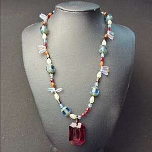 Elegant Multicolor Beaded Necklace with Red Pendant